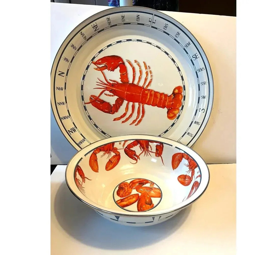 NWT Golden Rabbit Enamelware XL Platter w/matching Lobster Bowl